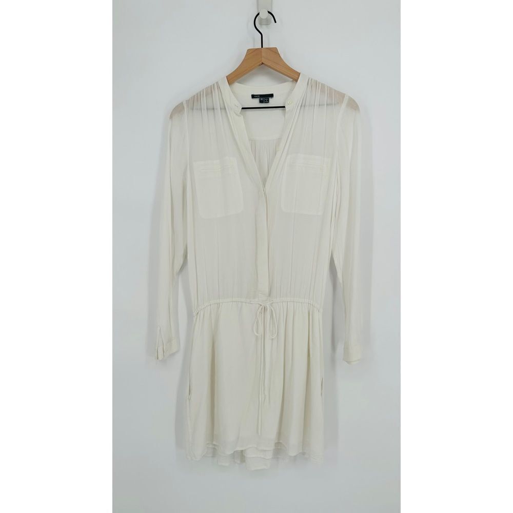 Vince Shirred Long Sleeve Drawstring Shirt Dress Sheer in White Women's XS